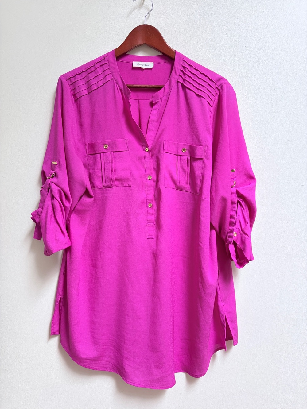 Calvin Klein Bright Fuchsia Gold Button-Front Tunic with Roll-Tab Sleeves
